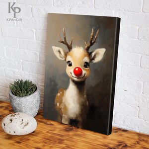May include: A painting of a cartoon reindeer with a red nose. The reindeer is looking directly at the viewer with a friendly expression. The background is a dark gray color.