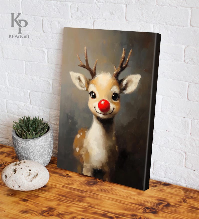 May include: A painting of a cartoon reindeer with a red nose. The reindeer is looking directly at the viewer with a friendly expression. The background is a dark gray color.
