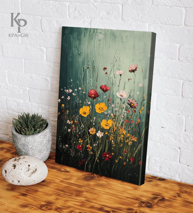 Wildflower Field Framed Wall Art, Vintage Botanical Landscape Canvas ...