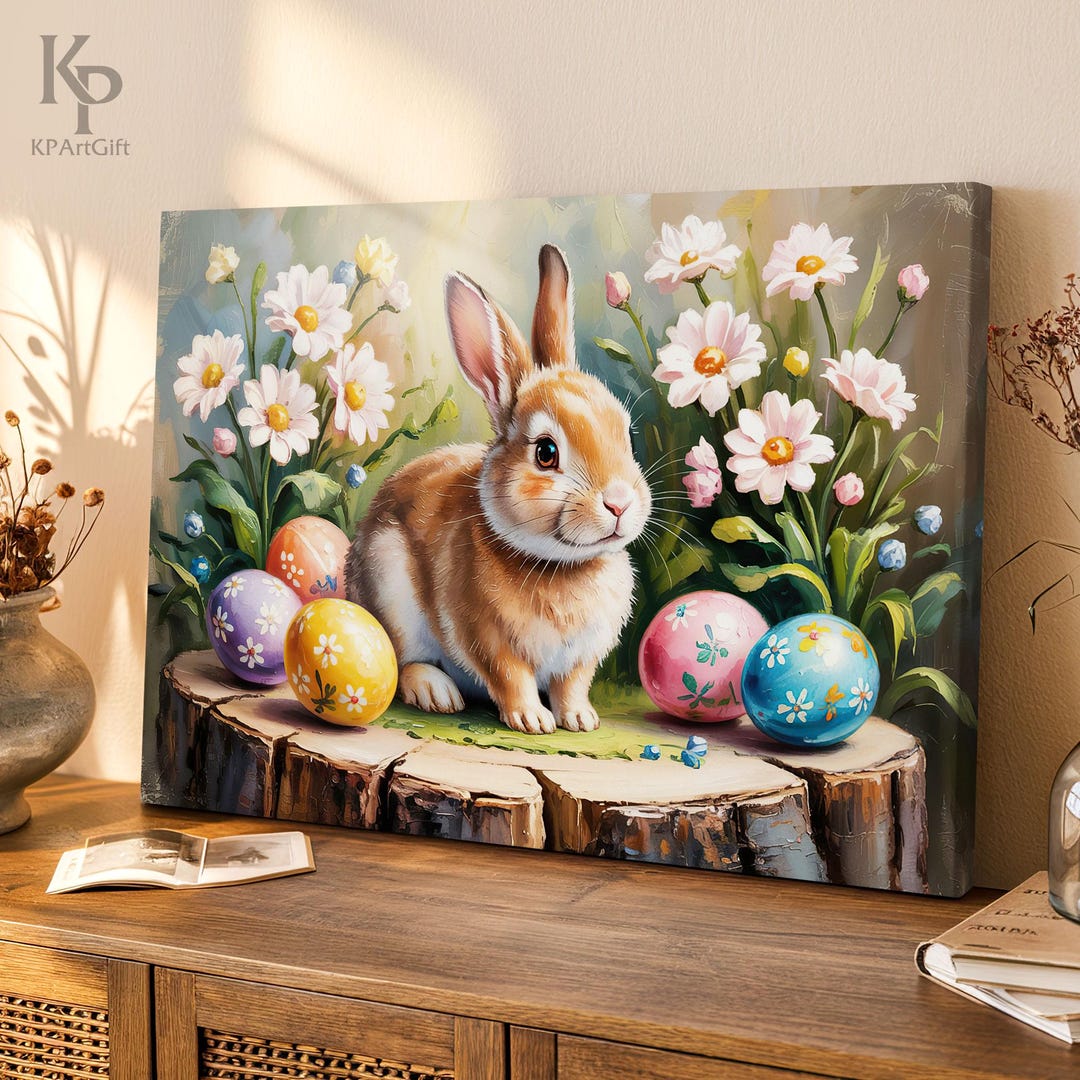 Whimsical Easter Bunny Springtime Canvas Wall Art - Spring Rabbit ...