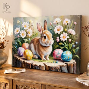 May include: A brown bunny rabbit with pink ears sits on a tree stump surrounded by colorful Easter eggs and white flowers. The bunny is looking to the right of the image. The background is a green and brown forest scene.