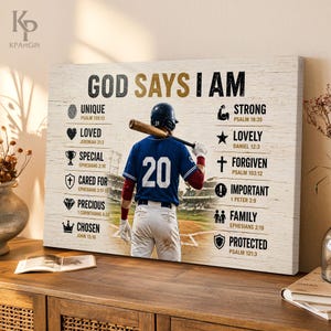 May include: A wooden sign with the text "GOD SAYS I AM" and various affirmations. A baseball player in a blue uniform with the number 20 stands on a baseball field. The sign includes the words "UNIQUE", "LOVED", "SPECIAL", "CARED FOR", "PRECIOUS", "CHOSEN", "STRONG", "LOVELY", "FORGIVEN", "IMPORTANT", "FAMILY", and "PROTECTED".