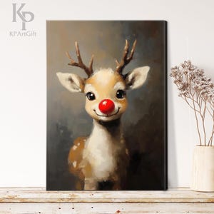May include: A painting of a cartoon reindeer with a red nose and a brown and white spotted body. The reindeer is smiling and looking at the viewer.