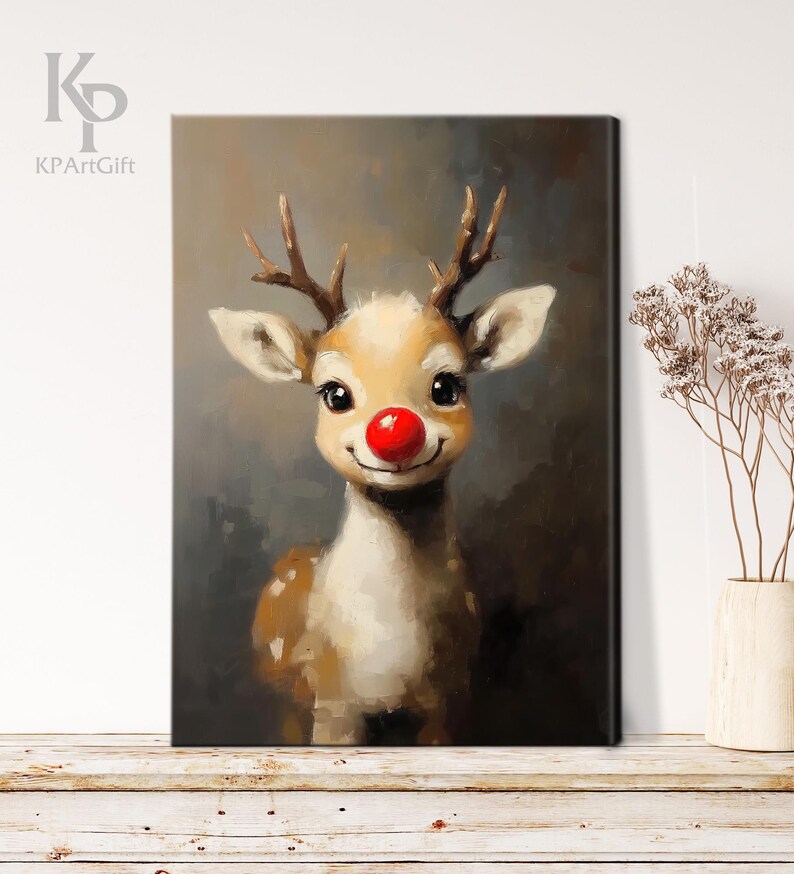 May include: A painting of a cartoon reindeer with a red nose and a brown and white spotted body. The reindeer is smiling and looking at the viewer.