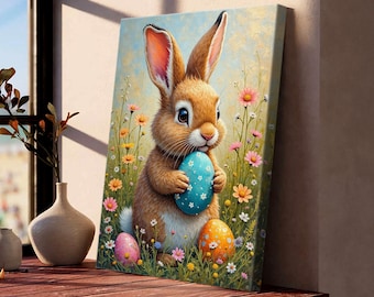 Adorable Easter Bunny Rabbit Canvas Painting with Colorful Eggs and Spring Flowers for Home Decor and Holiday Gifts Nb 0247