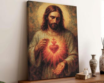 Sacred Heart of Jesus Canvas Art, Christian Catholic Religious Poster, Burning Heart of Christ Artwork, Spiritual Gift for Prayer Room 0713