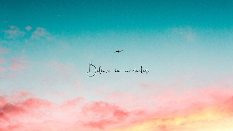 May include: A pink and blue sky with a single bird flying across the frame. The text "Believe in miracles" is written in black cursive script.