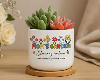 Custom Ceramic Planter for Mom, Mom’s Garden Pot with Names, Stylish Floral Succulent Pot, Mother’s Day Gift, Blooming in Love Nb 0305
