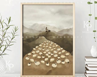 Christian Art Jesus Leaves the 99 DIGITAL FILE,  Parable of the Lost Sheep, Jesus The Good Shepherd Print, Jesus rescues Lost Sheep Wall Art