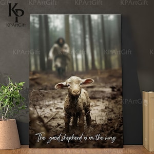 The Good Shepherd is On The Way Canvas, Jesus Good Shepherd, Loss Lamb, Jesus Running after a Lost Lamp, Jesus Leaves the 99 Bible Art