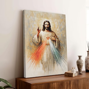 The Divine Mercy of Jesus Canvas, Christian Wall Art, Sacred Heart Jesus Painting for Prayer Room or Religious, Watercolor Catholic 0513c