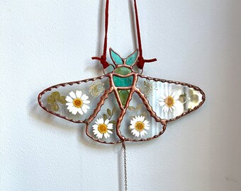 Stained Glass Pressed Flower Moth Sun Catcher | Stained Glass Wall Hangings | Pressed Flower Moth