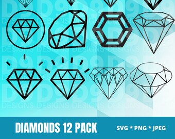 May include: A digital collection of twelve black line art diamond icons arranged in a grid. The set includes various geometric gemstone shapes, some enclosed in circles or featuring radiating lines, labeled as DIAMONDS 12 PACK SVG PNG JPEG.