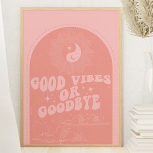 Good Vibes Welcome Poster, Boho Retro Wall Art, YinYang Sky Celestial Wall Art, Typography Wall Art, Grainy Groovy Poster, Spiritual Artwork