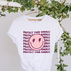 Protect Your Energy Smiley Face T-Shirt, Spiritual Trendy Shirt, Positive Vibes Only Tee, Groovy Retro Smiley, Trendy Retro Happy Face Shirt