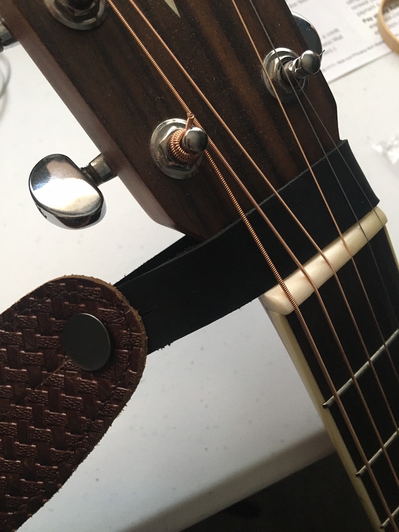 Custom Leather Acoustic Guitar Peghead Strap Button Black or Brown image 10