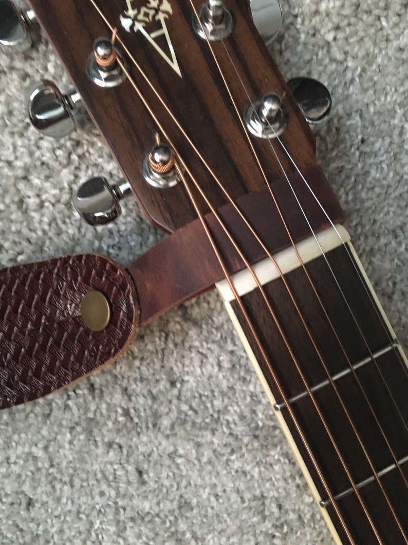 Custom Leather Acoustic Guitar Peghead Strap Button Black or Brown image 4