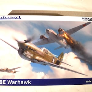 May include: An Eduard Weekend edition model kit box for a P-40E Warhawk in 1/48 scale. The box art depicts a P-40E fighter plane with the text Minnesota Gopher and number 12, flying alongside a burning twin-engine bomber in a cloudy sky.