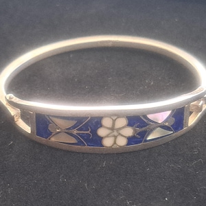 Vintage Taxco Sterling Silver Bracelet Abalone Shell  MOP Hinge Bangle