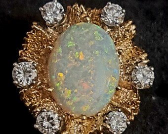 Antique 14k Gold Opal Diamond Ring: Handmade Yellow Gold Setting