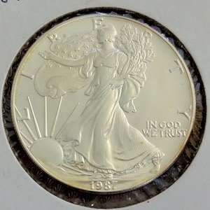 May include: A silver coin with a detailed relief of a woman walking towards the left, with the sun rising in the background. The coin has the text "IN GOD WE TRUST" and the year "1987". The coin is in a protective plastic case.