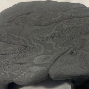 Puede incluir: Un objeto gris oscuro tridimensional que presenta un dise&ntilde;o complejo de mapa topogr&aacute;fico en capas. La superficie est&aacute; cubierta de intrincadas l&iacute;neas de contorno conc&eacute;ntricas que crean una apariencia texturizada en relieve en toda la parte superior.