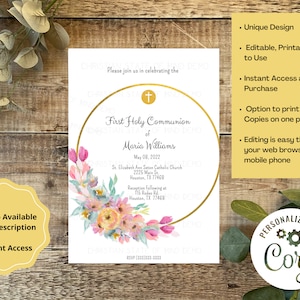 Pink Floral First Holy Communion Invitation, 1st Holy Communion invite, DIY Holy Communion, Editable, Printable