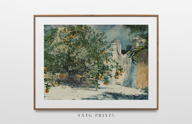 Vintage Farmhouse Orange Trees Print Spring Fruit Tree Country Garden Farm White Gate Oil Painting Digital PRINTABLE Wall Art image 5