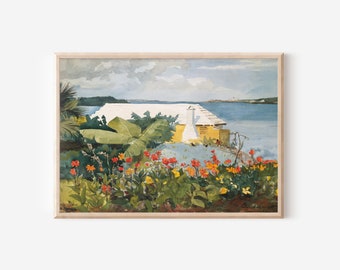 Tropical Bermuda Vintage Floral Print | Island Flowers Antique Garden | Bungalow Ocean Watercolor Painting | Digital PRINTABLE Wall Art