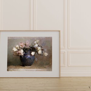 Neutral Floral Roses Print Vintage Pink Cream Spring Country Garden Blue Vase Oil Painting Digital PRINTABLE Wall Art image 7