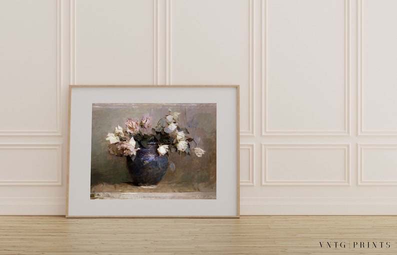 Neutral Floral Roses Print Vintage Pink Cream Spring Country Garden Blue Vase Oil Painting Digital PRINTABLE Wall Art image 7