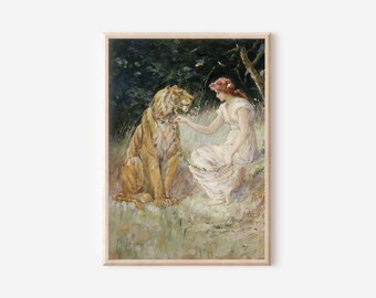 vintage Femme Tiger Lady Print | Bois de forêt de printemps antique | Peinture à l&#39;aquarelle florale décor animalier | Art mural imprimable numérique