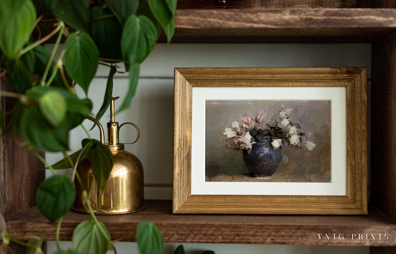 Neutral Floral Roses Print Vintage Pink Cream Spring Country Garden Blue Vase Oil Painting Digital PRINTABLE Wall Art image 3