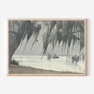 Coastal Tree Boats Vintage Water Print | Antique Spanish Moss Seascape | Florida Ocean Watercolor Painting | Digital PRINTABLE Wall Art
