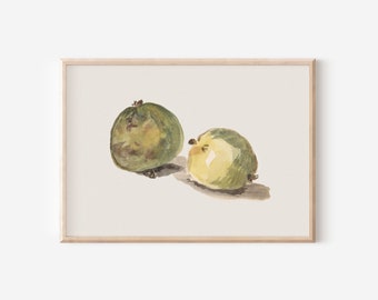 Two Apples Vintage Green Fruit Print | Antique Still Life Spring Country | Kitchen Farmhouse Oil Painting | Digital PRINTABLE Wall Art