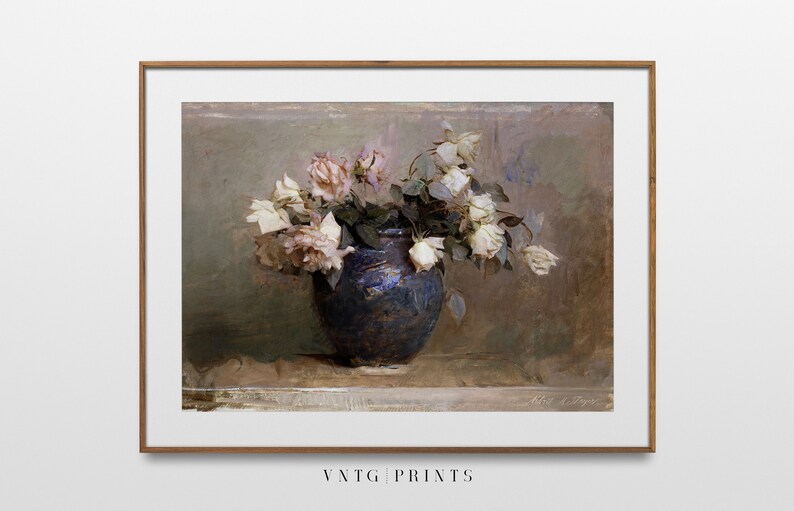 Neutral Floral Roses Print Vintage Pink Cream Spring Country Garden Blue Vase Oil Painting Digital PRINTABLE Wall Art image 5