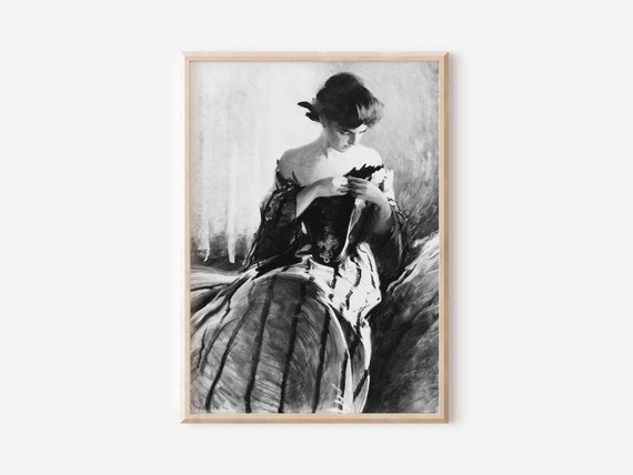 Young Woman Dress Portrait Print | Pinning Striped Evening Gown Sitting |  Antique Home Decor Oil Painting | Digital PRINTABLE Wall Art - Etsy