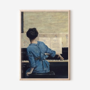 Woman Playing Piano Vintage Print | Antique Lady Blue Dress Decor | Instrument Music Oil Painting | Digital PRINTABLE Wall Art