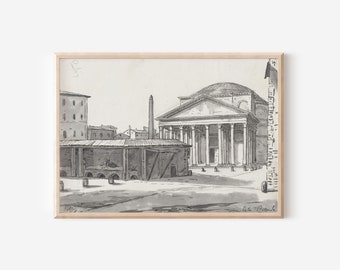 Vintage Italian Architecture Piazza | Pantheon Rome Italy Drawing | Building Roman Sketch Illustration | Digital PRINTABLE Wall Art