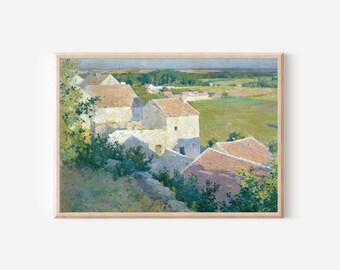 Landscape Vintage Houses Spring Print | Cottage Twilight Country Garden | House Building Oil Painting | Digital PRINTABLE Wall Art