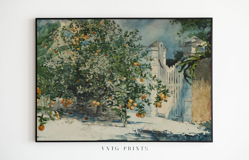 Vintage Farmhouse Orange Trees Print Spring Fruit Tree Country Garden Farm White Gate Oil Painting Digital PRINTABLE Wall Art image 6