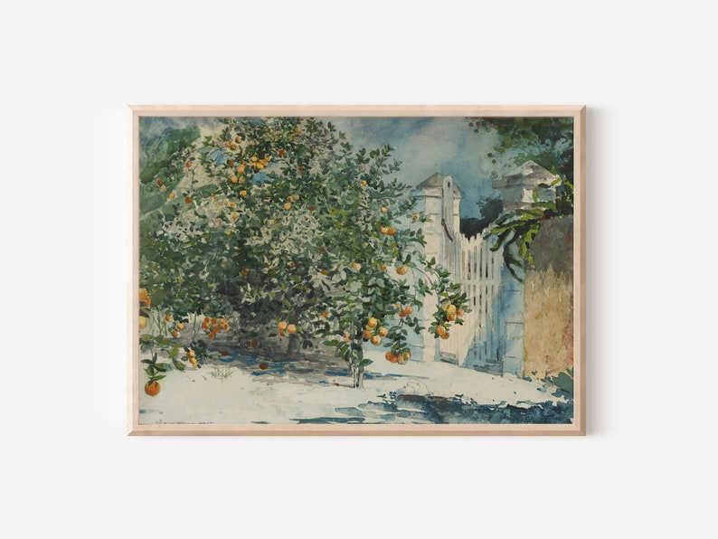 Vintage Farmhouse Orange Trees Print Spring Fruit Tree Country Garden Farm White Gate Oil Painting Digital PRINTABLE Wall Art image 1