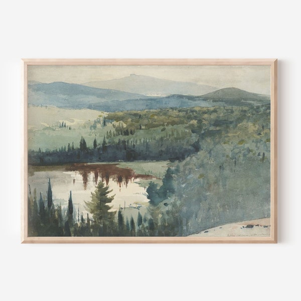 Landscape Adirondack Mountains Vintage Print | Village Country Forest | Antique Trees Lake Watercolor Painting | Digital PRINTABLE Wall Art