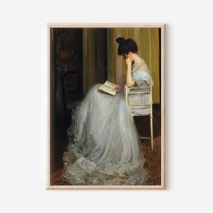 Woman Reading Book Portrait Print | Reader White Dress Sitting Chair | Home Decor Oil Painting | Digital PRINTABLE Wall Art