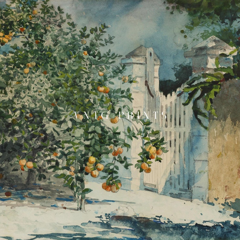 Vintage Farmhouse Orange Trees Print Spring Fruit Tree Country Garden Farm White Gate Oil Painting Digital PRINTABLE Wall Art image 8