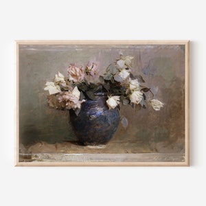 Neutral Floral Roses Print Vintage Pink Cream Spring Country Garden Blue Vase Oil Painting Digital PRINTABLE Wall Art image 1