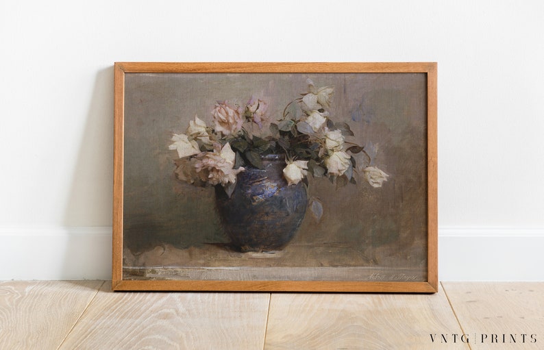 Neutral Floral Roses Print Vintage Pink Cream Spring Country Garden Blue Vase Oil Painting Digital PRINTABLE Wall Art image 4