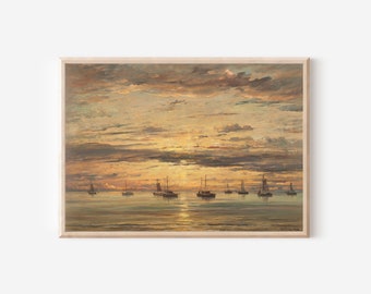 Fishing Ships Sunset Vintage Print | Antique Seascape Coastal Nautical | Fleet Ocean Boats Water Oil Painting | Digital PRINTABLE Wall Art