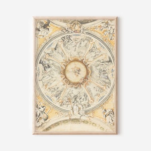 May include: A framed print of a detailed drawing of a circular ceiling with intricate designs and figures. The ceiling is painted in shades of white, yellow, and gray.