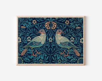 Estampa vintage com estampa floral de pássaros | Papel de parede de tecido antigo, estilo country, primavera | Tecido com flores trançadas | Arte de parede digital para impressão